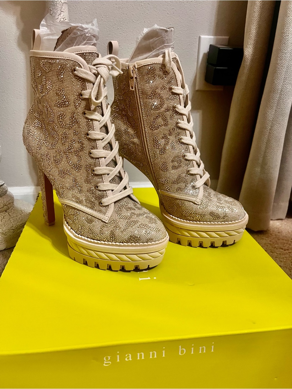 Gianni Bini Cream Glitter Lace-Up Platform Ankle Boots